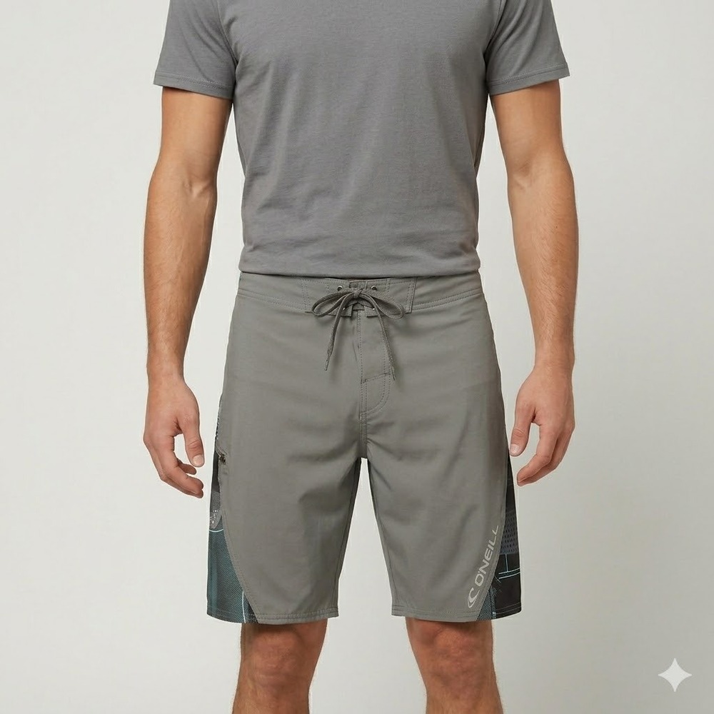 O'Neill Board Shorts‎ Grey Graphic Side Panel Swim Trunks Size 32
